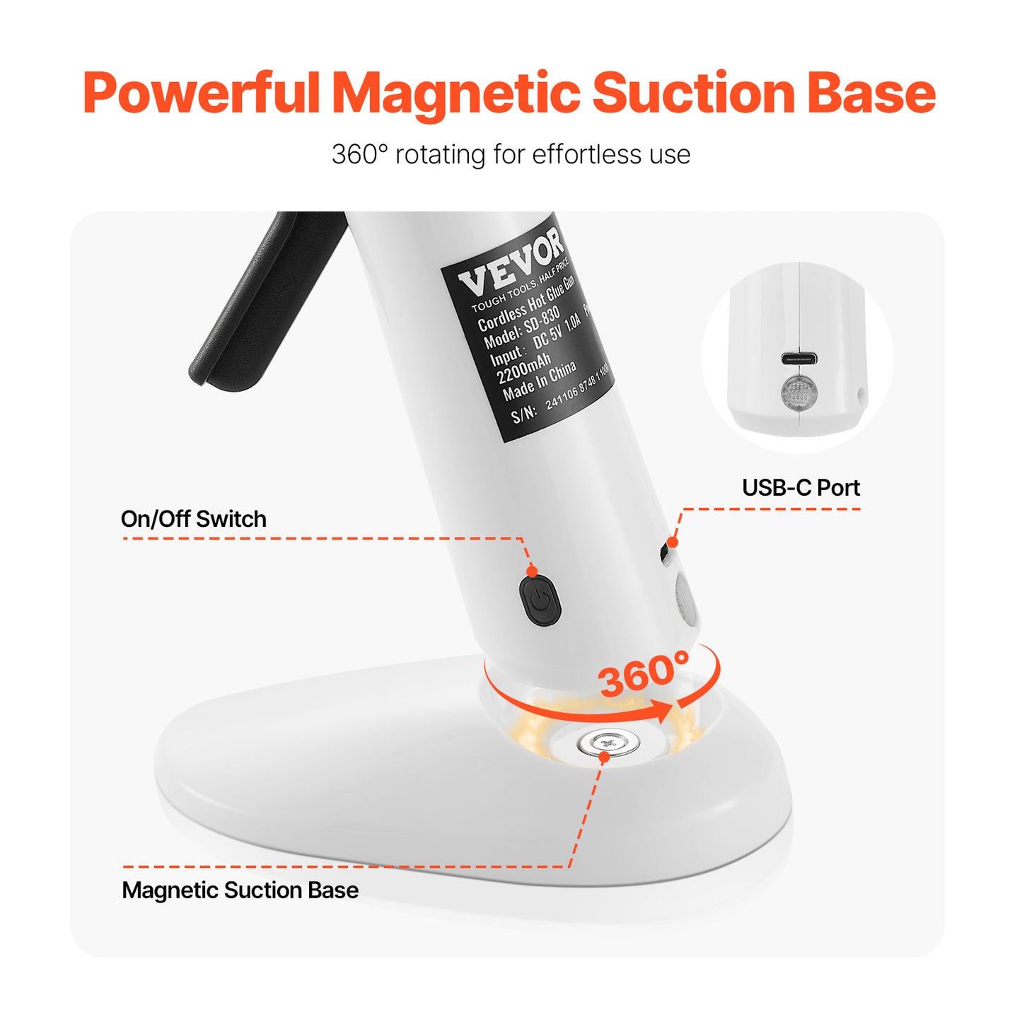 VEVOR Hot Glue Gun, Rechargeable Cordless Glue Gun, Mini Wireless Hot Glue Gun Kit With 2200mAh Battery, 20 Pcs Glue Sticks, Fast Preheating & High Temp, For Crafts, Arts, DIY, Quick Home Repairs
