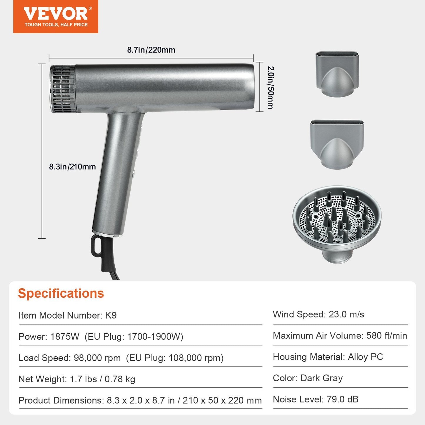 VEVOR Professional Hair Dryer, 3.0 Million Negative Ions Blow Dryer, 98,000RPM High-Speed Brushless Motor, 3 Temp & 3 Speeds, Lightweight Salon Hair Blow Dryers With Nozzles & Diffuser For Home Travel