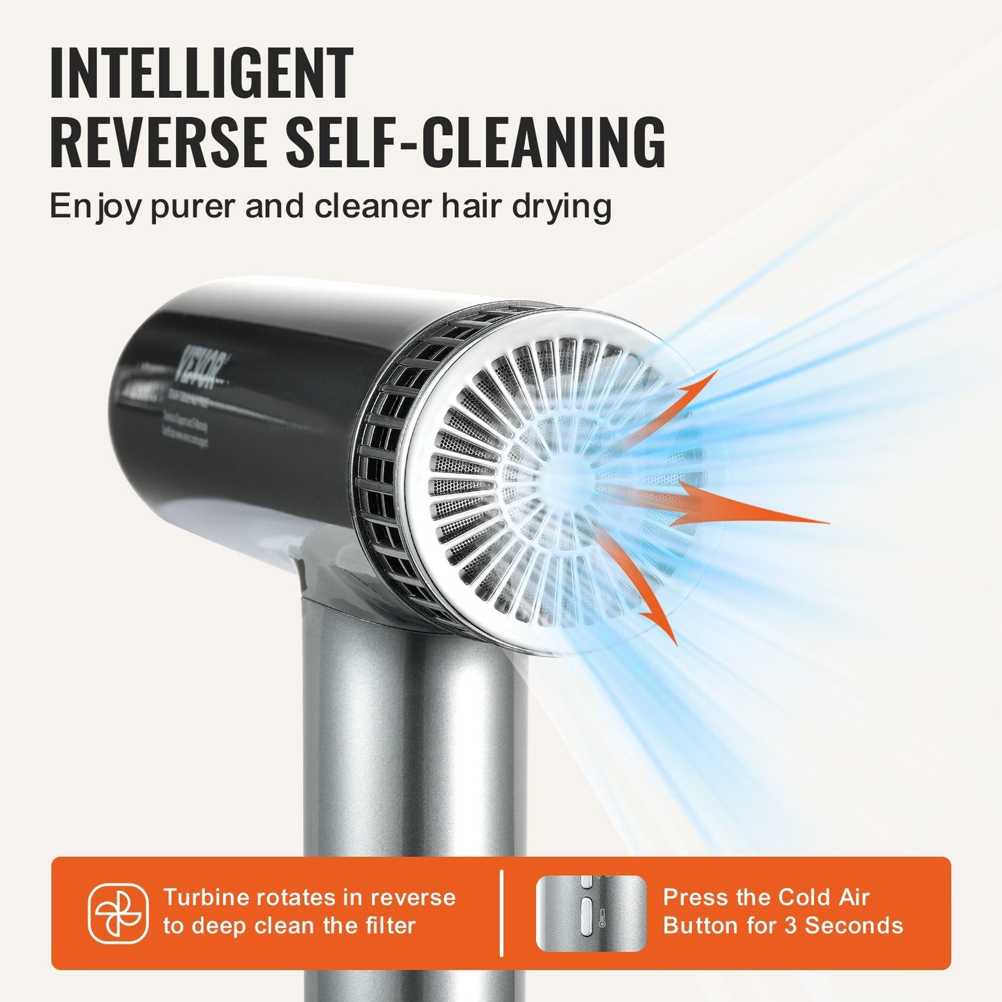 VEVOR Professional Hair Dryer, 3.0 Million Negative Ions Blow Dryer, 98,000RPM High-Speed Brushless Motor, 3 Temp & 3 Speeds, Lightweight Salon Hair Blow Dryers With Nozzles & Diffuser For Home Travel