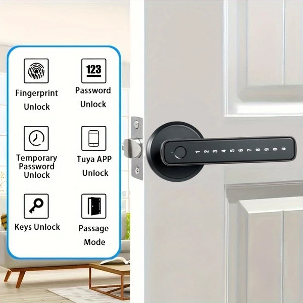 Tuya Fingerprint Door Lock With Lock Smart Fingerprint Door Handle With App Control And Key Biometric Door Lock, Fingerprint Door Lock For Bedroom, Front Door, Home, Apartment, Office And Garage Black