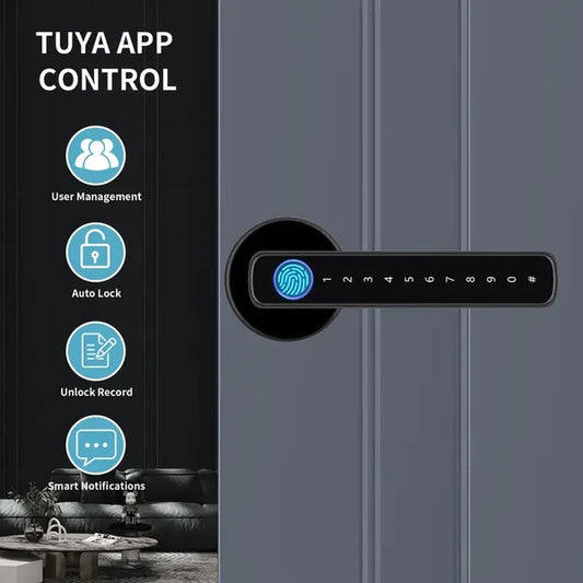 Tuya Fingerprint Door Lock With Lock Smart Fingerprint Door Handle With App Control And Key Biometric Door Lock, Fingerprint Door Lock For Bedroom, Front Door, Home, Apartment, Office And Garage Black