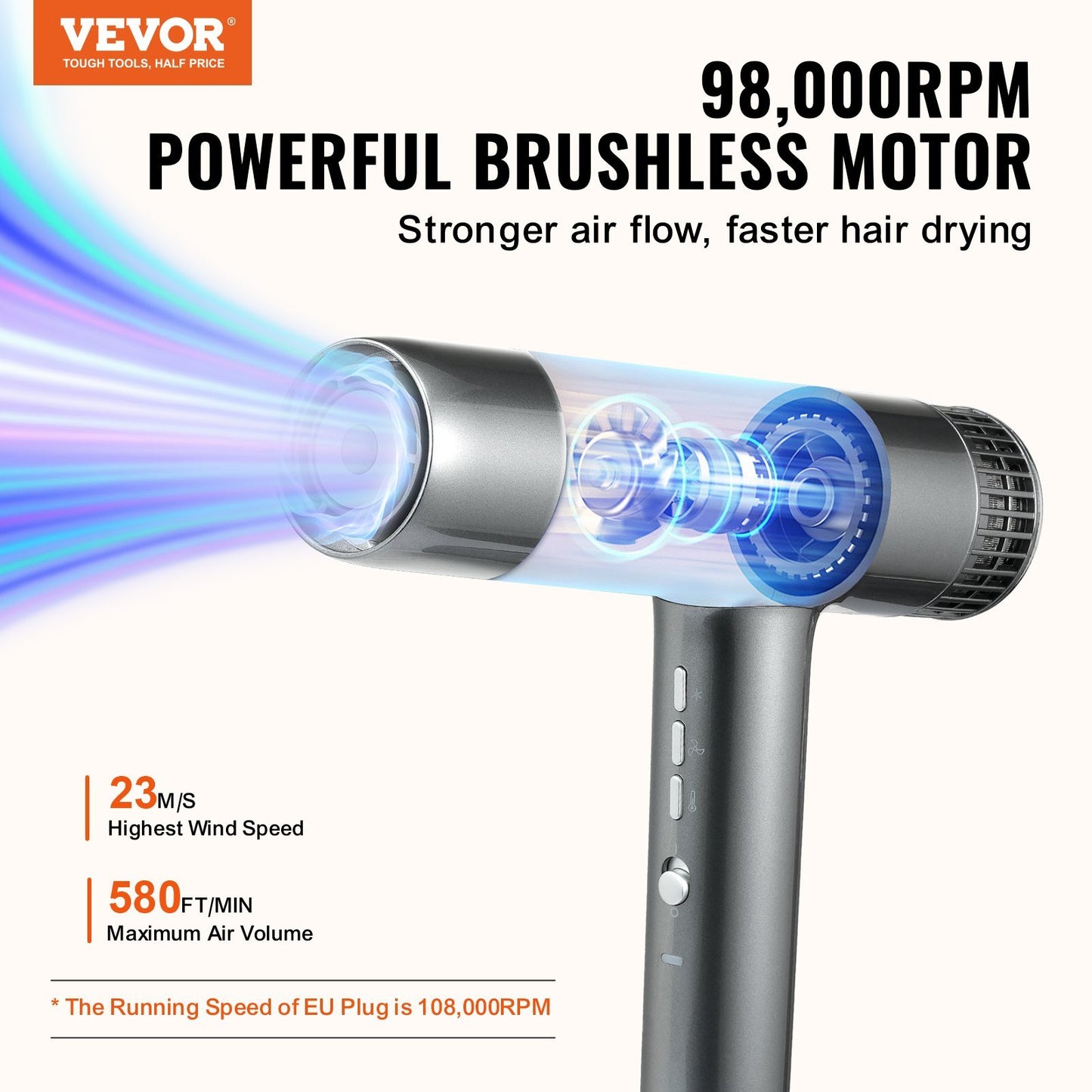 VEVOR Professional Hair Dryer, 3.0 Million Negative Ions Blow Dryer, 98,000RPM High-Speed Brushless Motor, 3 Temp & 3 Speeds, Lightweight Salon Hair Blow Dryers With Nozzles & Diffuser For Home Travel