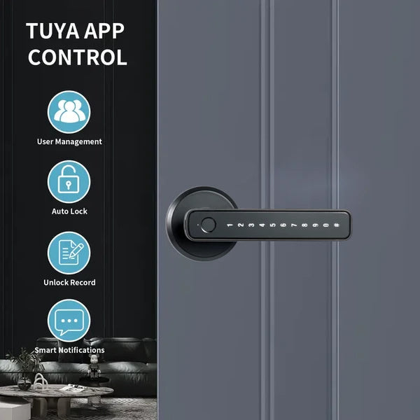 Tuya Fingerprint Door Lock With Lock Smart Fingerprint Door Handle With App Control And Key Biometric Door Lock, Fingerprint Door Lock For Bedroom, Front Door, Home, Apartment, Office And Garage Black